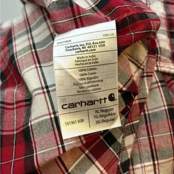 Carhartt Cotton Shirt Red Black Plaid Short Sleeve XL Button Down Relaxed Fit - Picture 8 of 9